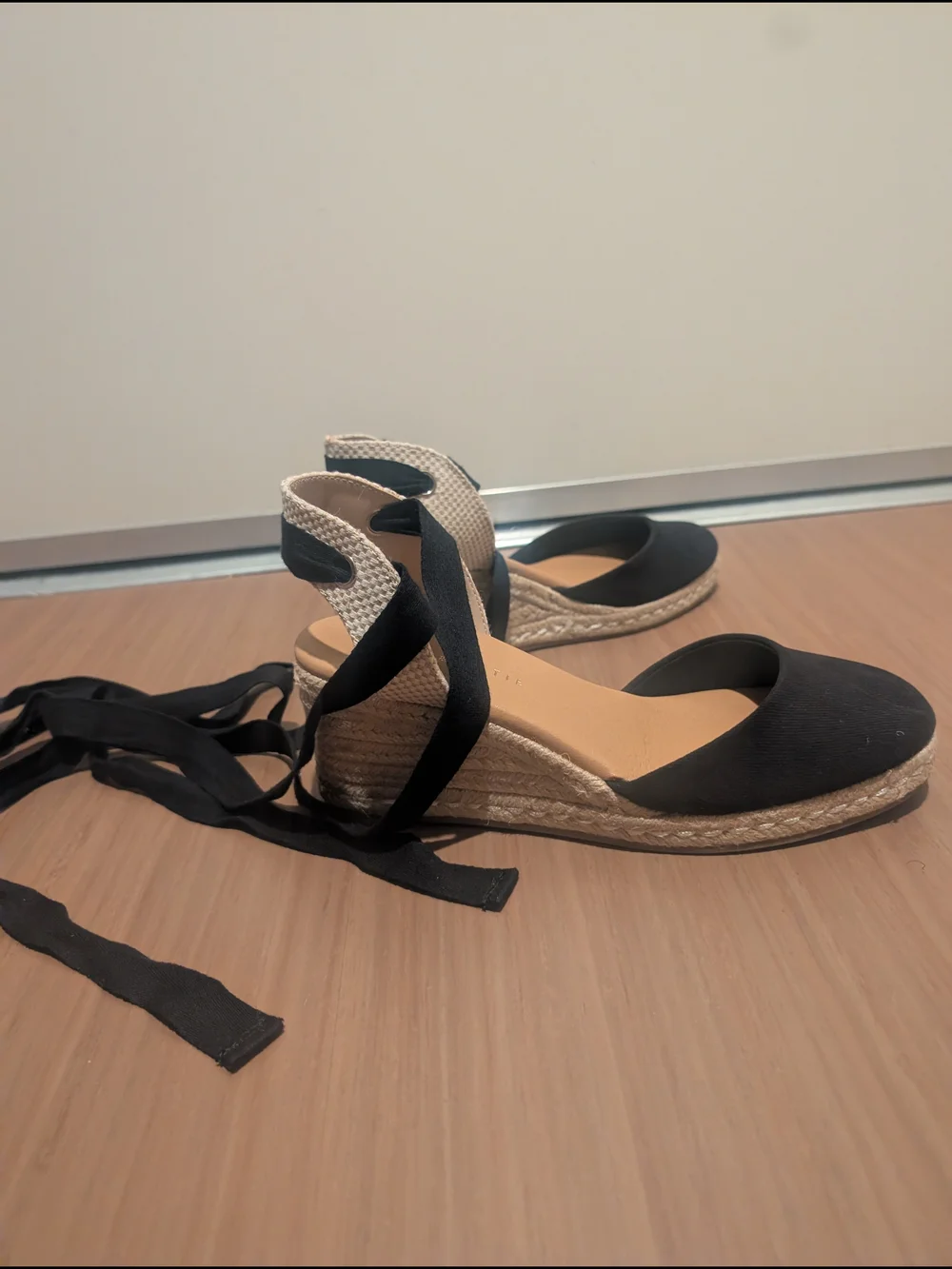 Kelly & Katie Black Espadrille Wedge Sandals with Wrap Ties